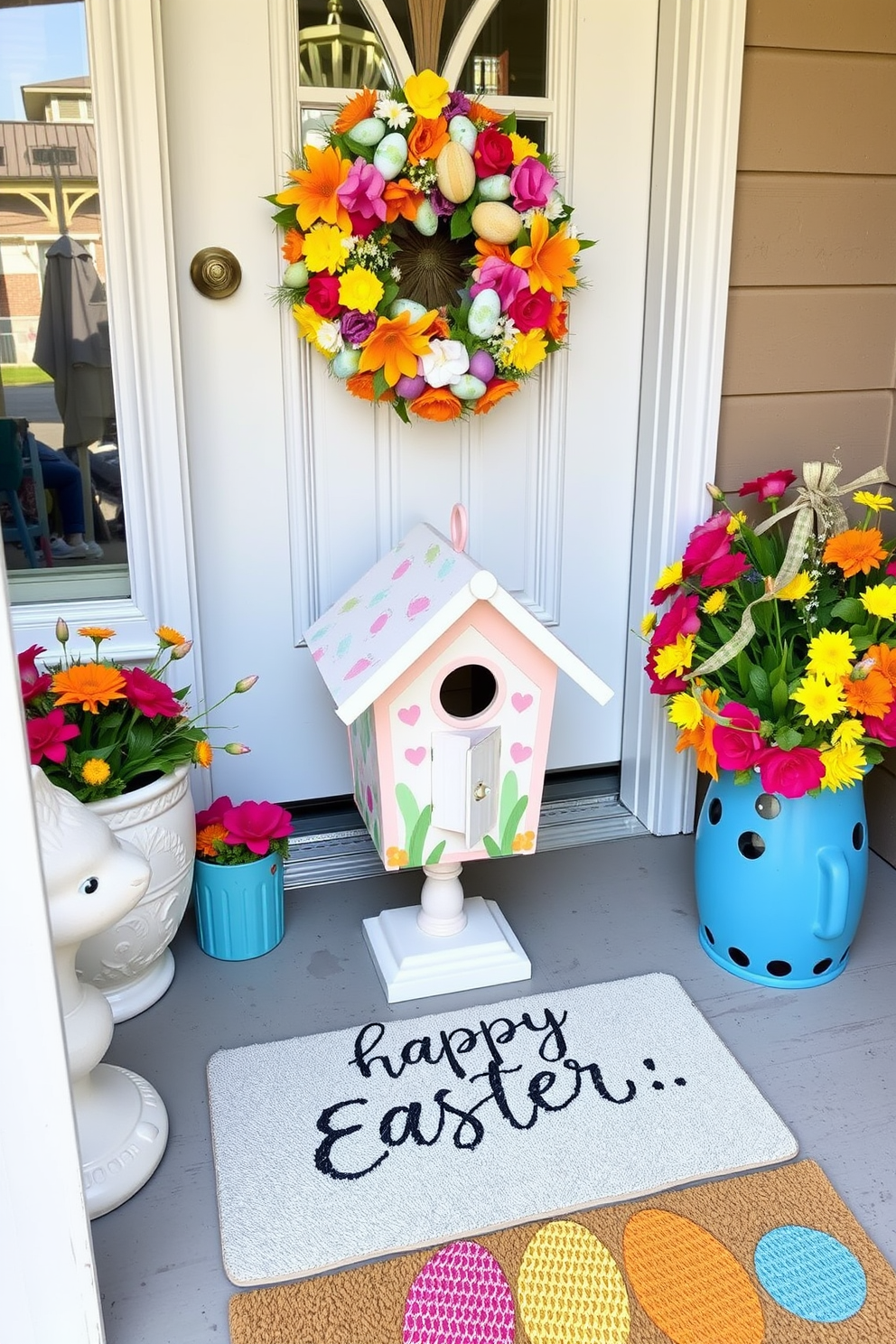 A charming front porch showcases a miniature Easter tree adorned with colorful eggs and delicate pastel ribbons. The front door is decorated with a festive wreath featuring spring flowers and cheerful bunny accents.