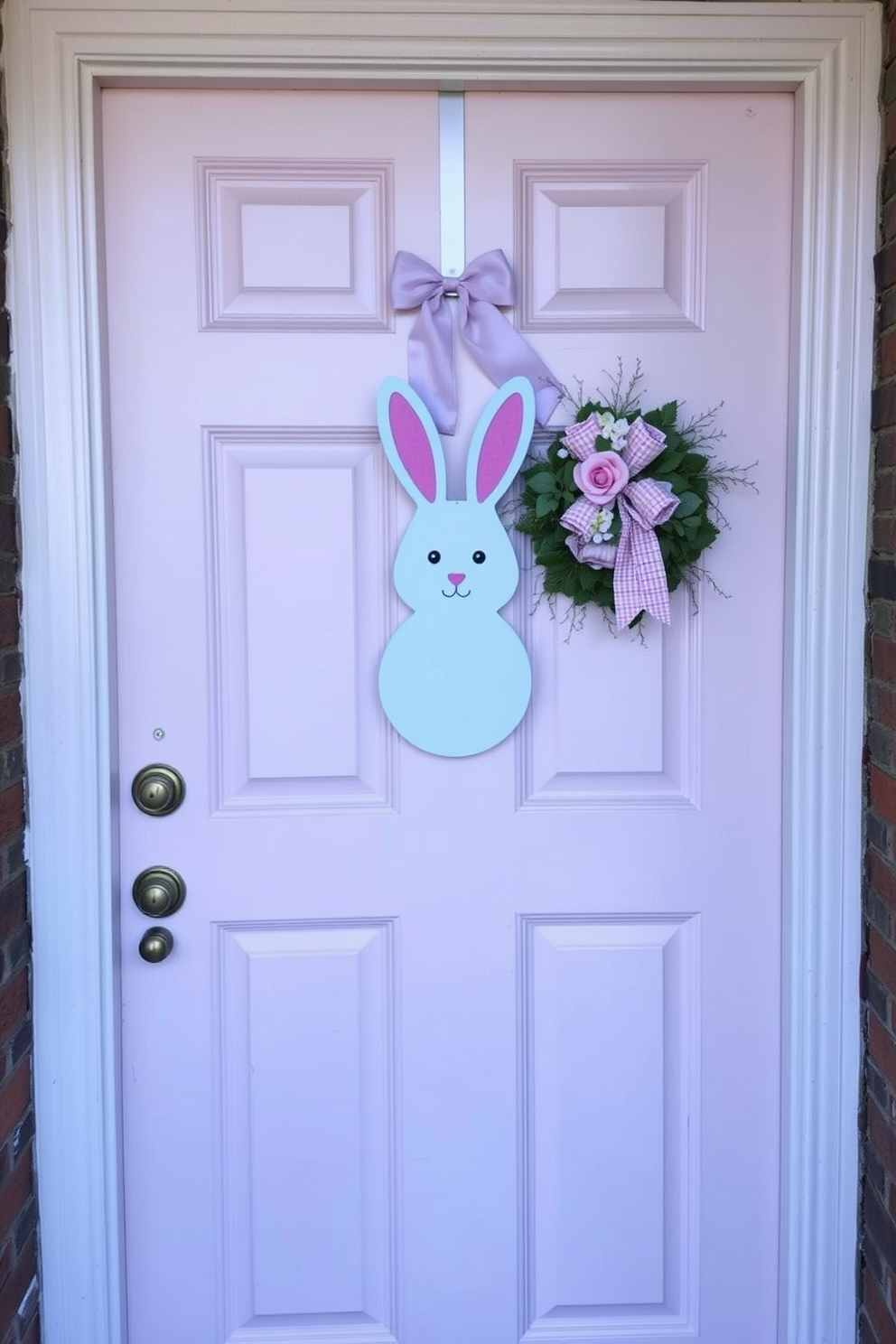 A charming front door adorned with a bunny-shaped door hanger decoration. The door is painted a soft pastel color, welcoming guests with a festive touch for Easter.