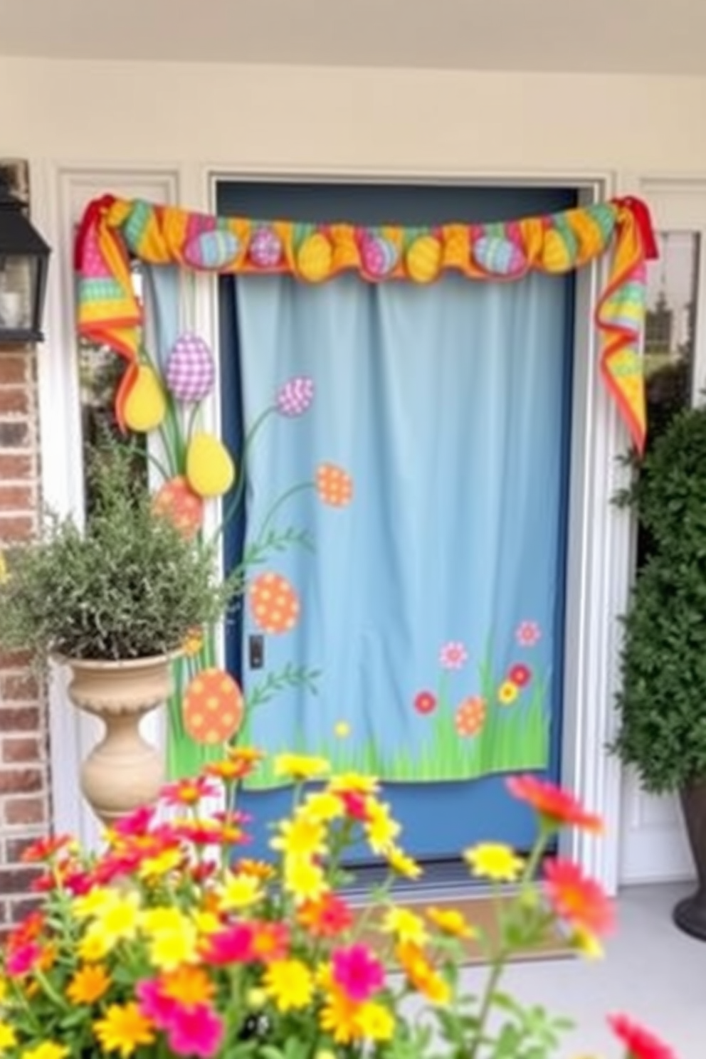 A festive door curtain made of vibrant fabric adorned with colorful eggs hangs gracefully at the entrance. The front door is framed by cheerful spring flowers, creating a welcoming atmosphere for Easter celebrations.