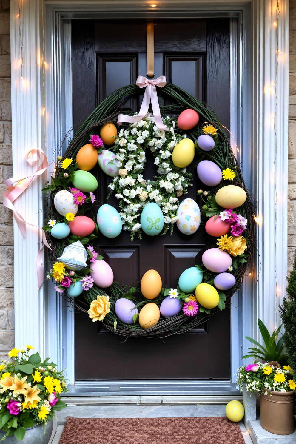 Charming lanterns are placed on either side of the front door, each filled with colorful Easter eggs and spring flowers. The door itself is adorned with a beautiful wreath made of fresh greenery and pastel-colored blooms, creating a welcoming entrance for guests.