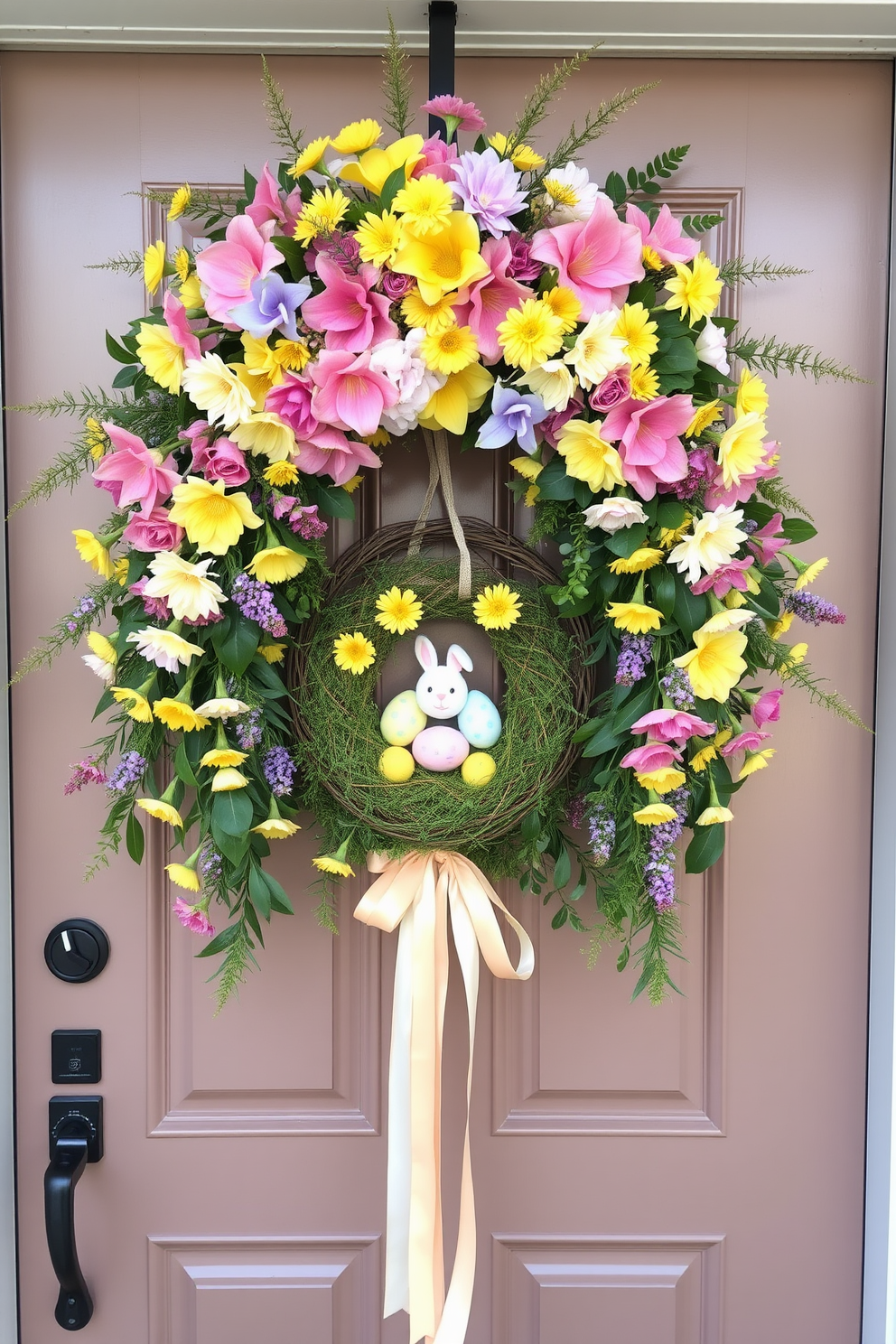 A vibrant seasonal floral swag adorns the front door, featuring an array of colorful blooms in shades of pastel pink, yellow, and lavender. Lush greenery intertwines with the flowers, creating a fresh and inviting display that welcomes guests with a touch of springtime cheer. The swag is elegantly draped across the top of the door, complemented by a cheerful Easter-themed wreath hanging in the center. Soft ribbons in coordinating colors cascade down, adding a whimsical touch to the festive decor.