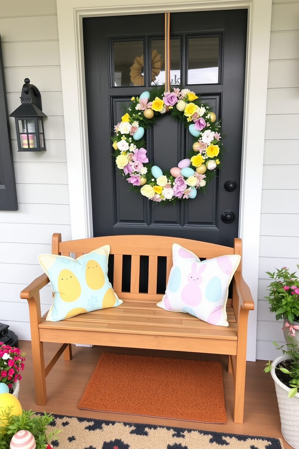 A charming front door adorned with a festive welcome sign featuring vibrant Easter motifs. The sign is surrounded by colorful floral arrangements and decorative eggs, creating a cheerful and inviting atmosphere.