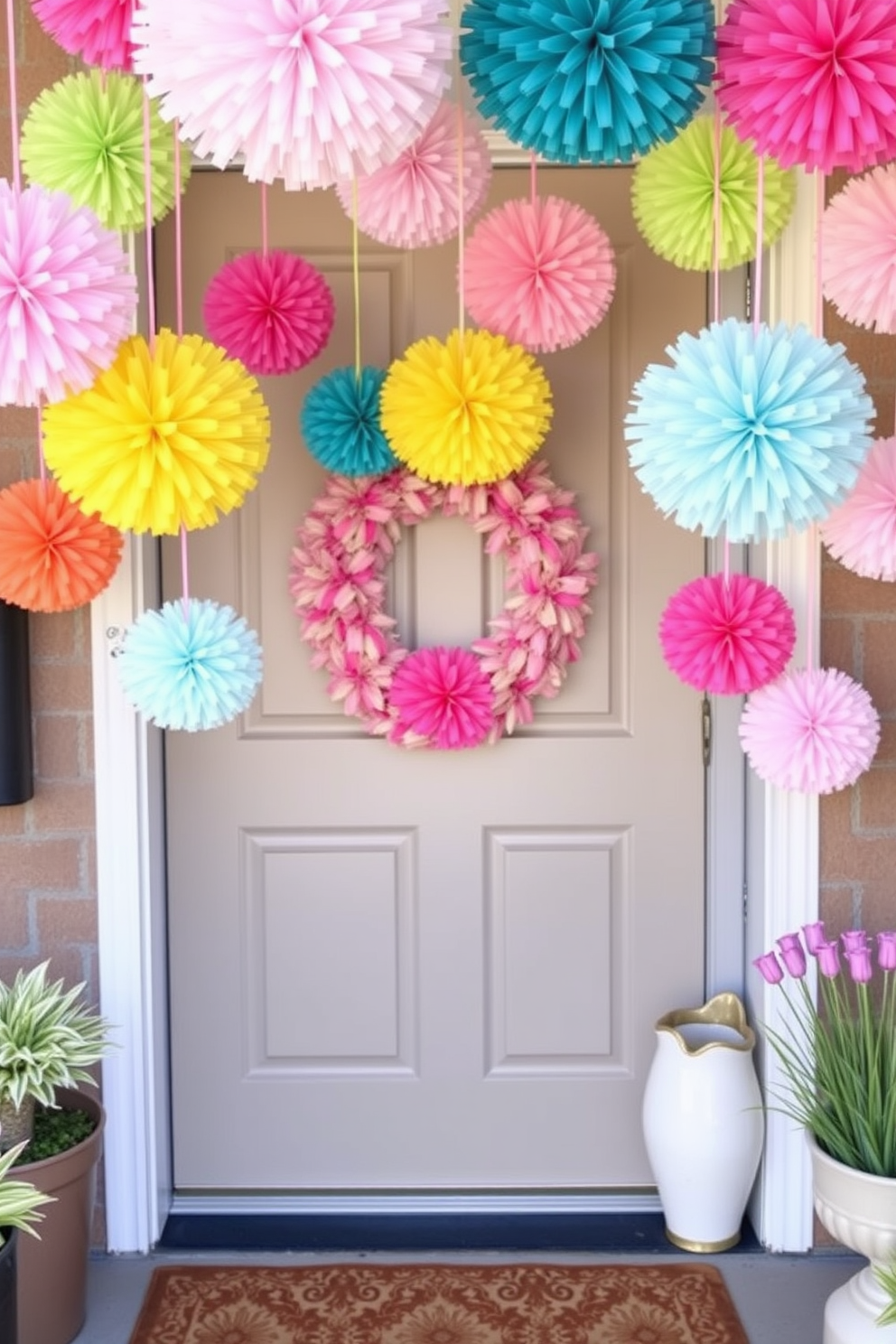 A welcoming front door adorned with vibrant hanging paper pom poms in various colors. The cheerful decorations create a festive atmosphere, inviting guests to celebrate the Easter season.