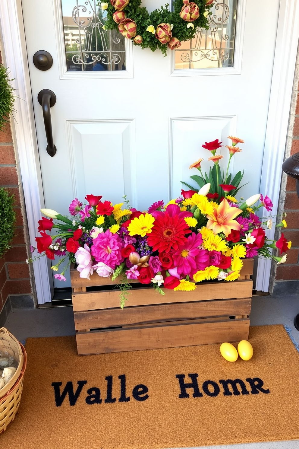 A charming front door adorned with a rustic wooden crate overflowing with vibrant spring flowers. The crate is placed on a welcoming doormat, creating a cheerful and festive atmosphere for Easter celebrations.