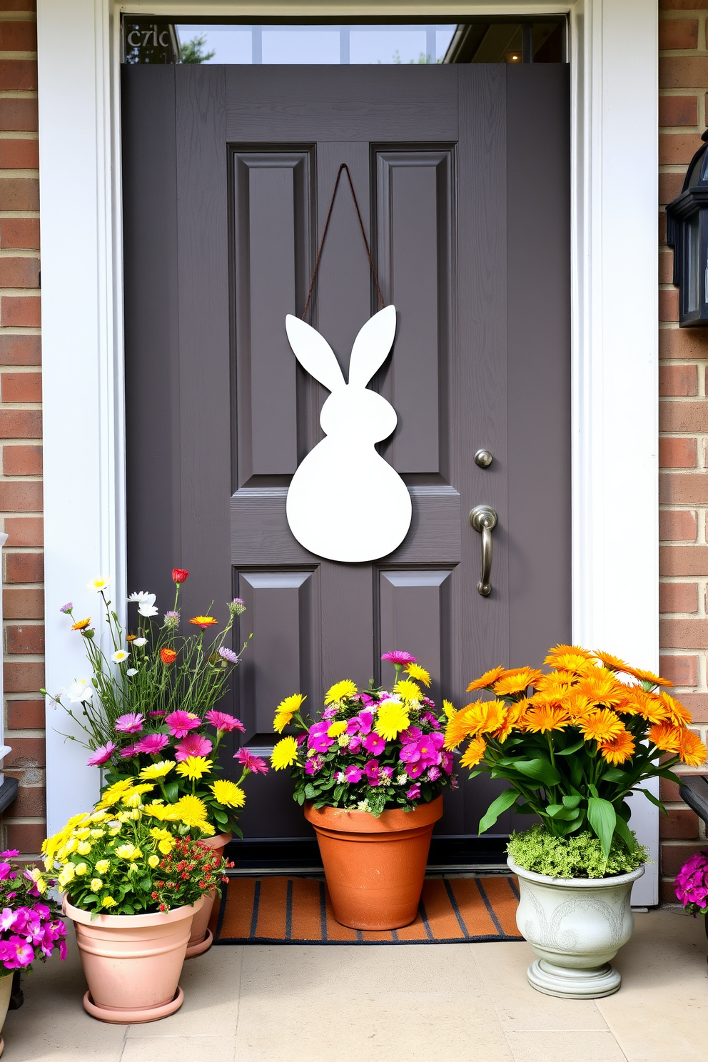 A charming front door adorned with a festive Easter bunny silhouette. Surrounding the door, colorful spring flowers in decorative pots create a cheerful welcome.