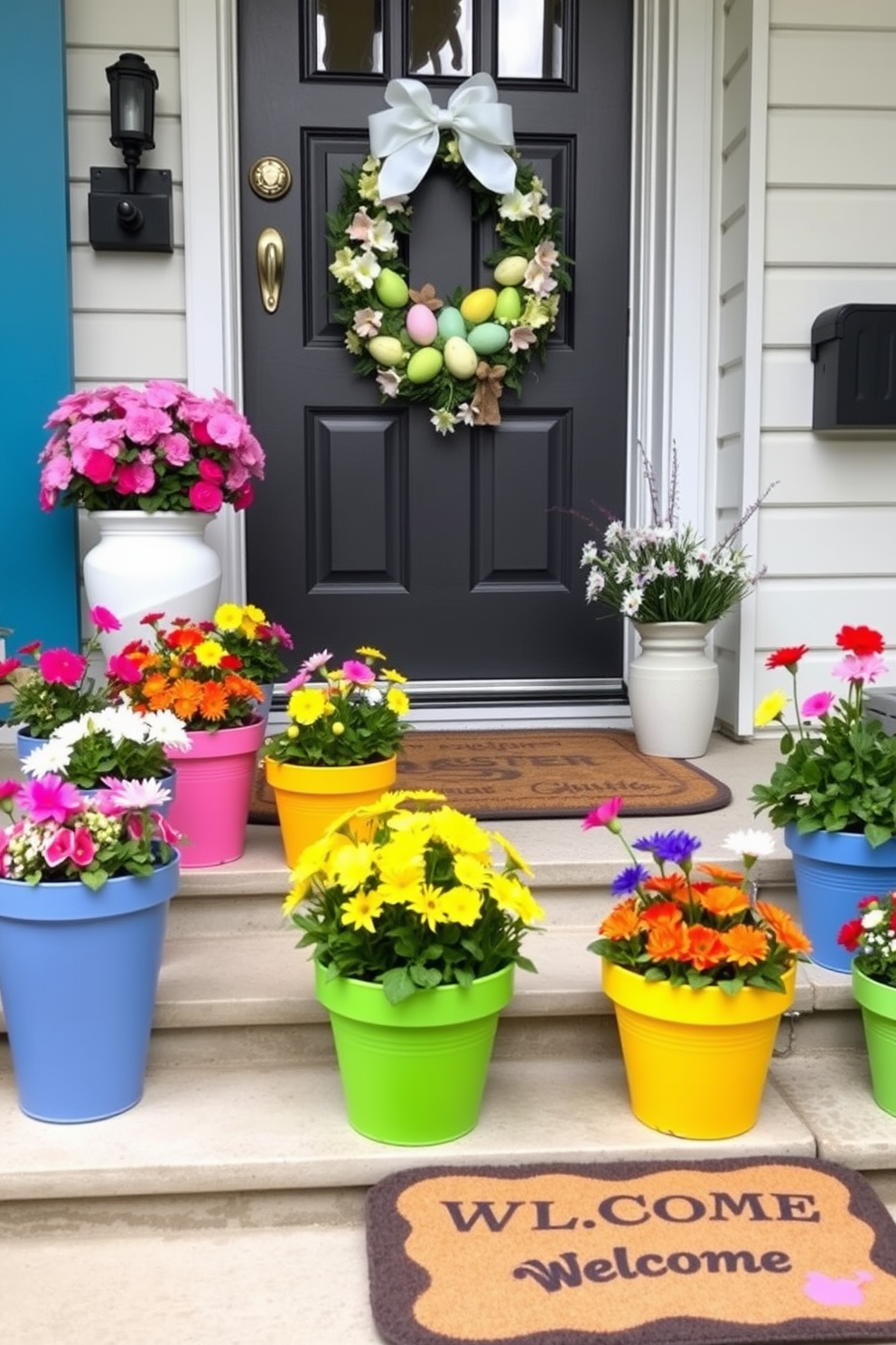 Brightly painted flower pots line the steps leading up to a charming front door. Each pot is filled with vibrant flowers in a variety of colors, creating a welcoming and cheerful entrance. Easter decorations adorn the front door, featuring a wreath made of pastel-colored eggs and delicate spring flowers. A festive welcome mat is placed at the foot of the door, enhancing the seasonal spirit.