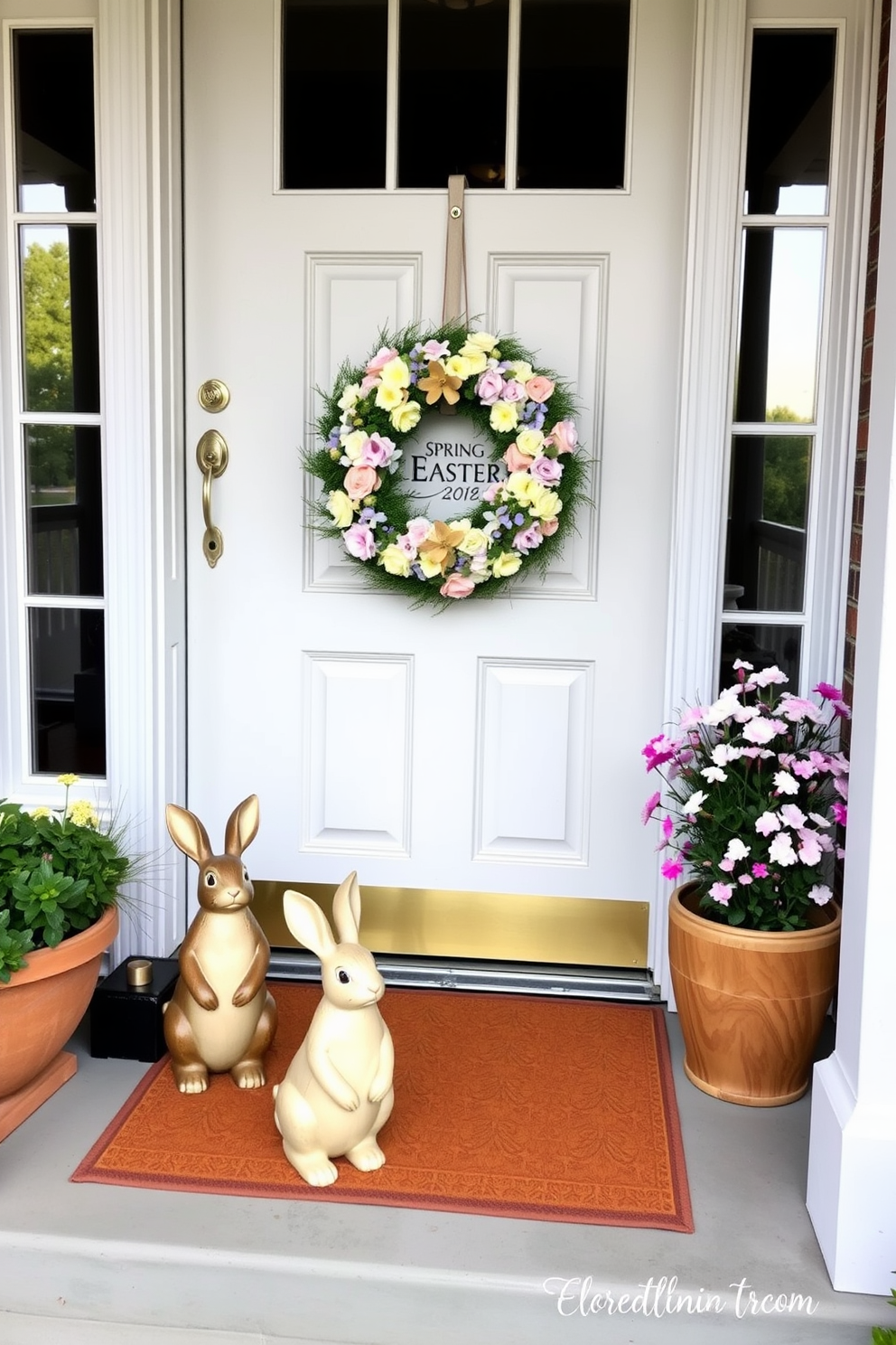 Charming rabbit figurines are placed on the porch, welcoming guests with their playful presence. The front door is adorned with a vibrant spring wreath featuring pastel colors and seasonal blooms, creating a festive Easter atmosphere.