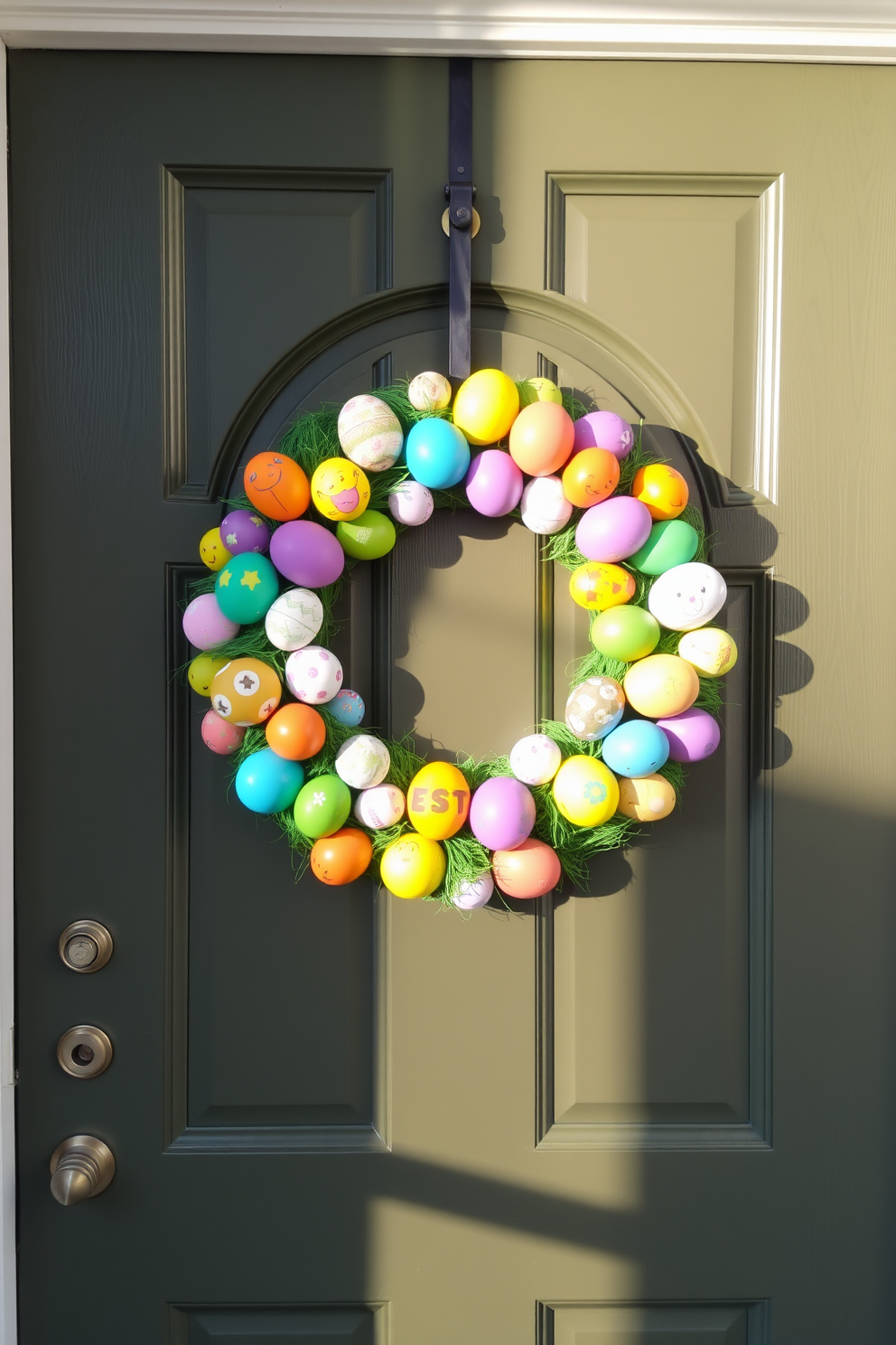 A charming front door adorned with a cute bunny ears wreath. The wreath features soft pastel colors and fluffy textures, creating a whimsical Easter vibe.