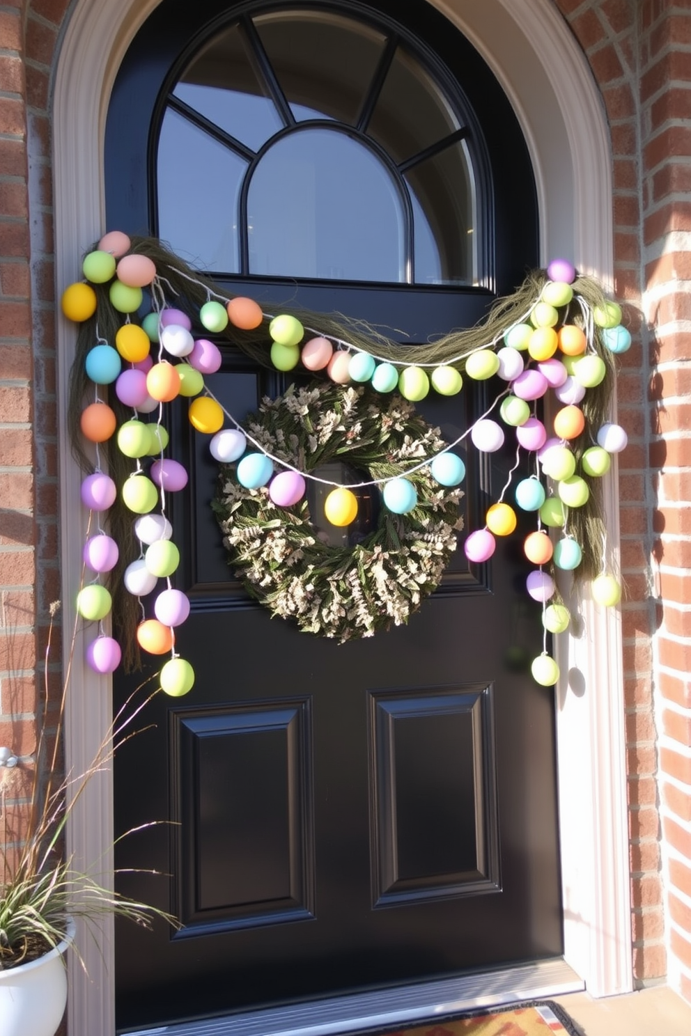 A vibrant egg garland drapes elegantly across the front door, showcasing a delightful array of pastel colors. The cheerful decorations create a welcoming atmosphere, perfect for celebrating the Easter season.