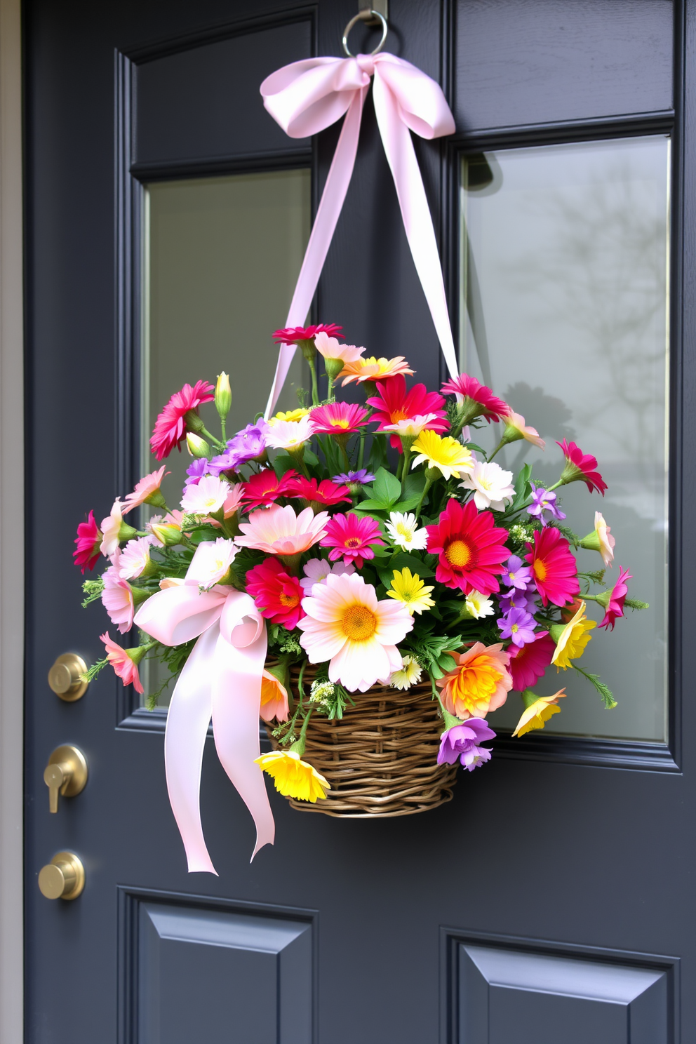 A charming front door adorned with a hanging floral basket filled with vibrant spring blooms. The basket is elegantly tied with a soft pastel ribbon, adding a festive touch to the entrance.