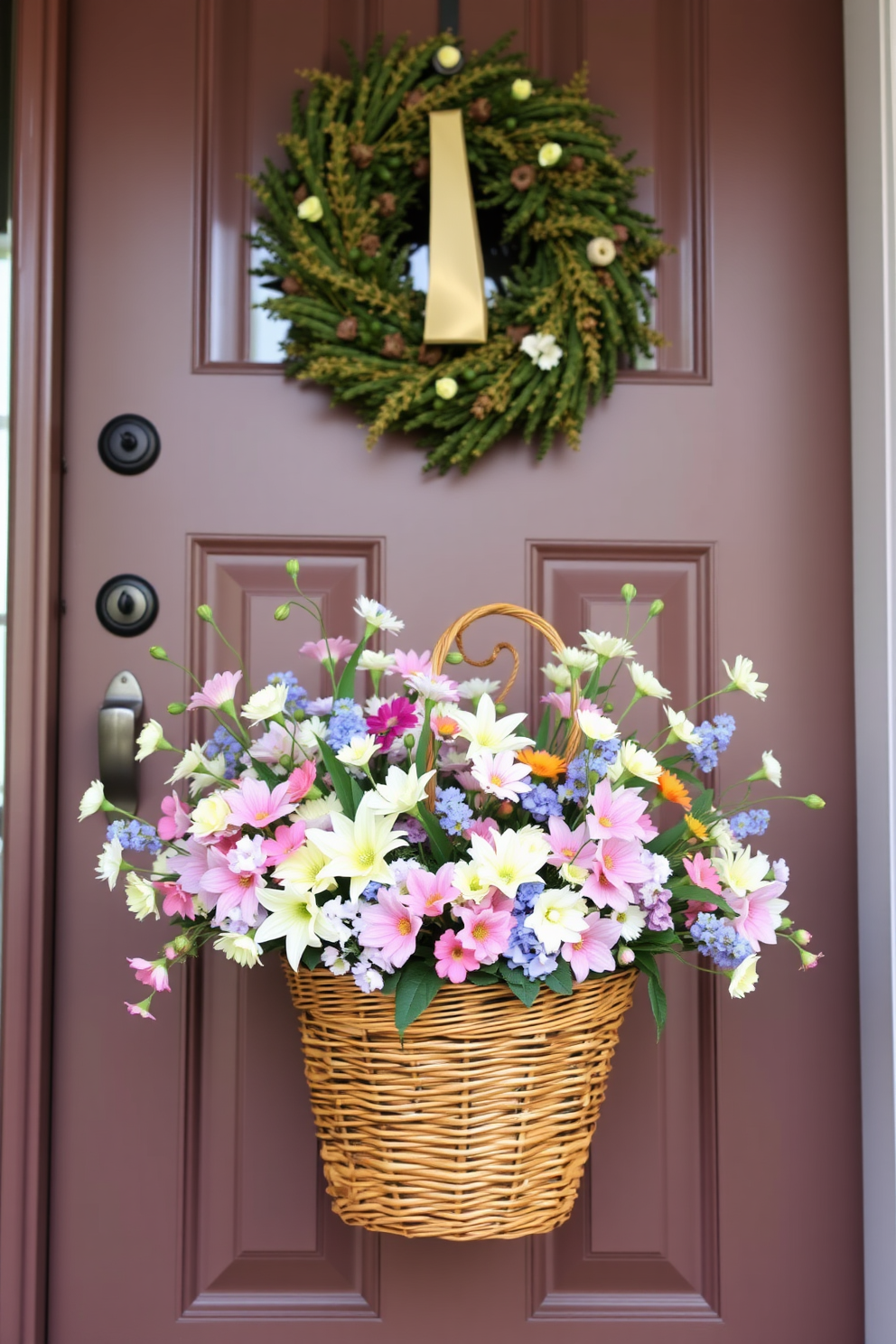 A charming front door adorned with a vibrant floral arrangement in a woven basket. The basket is filled with an assortment of spring flowers in pastel shades, creating a welcoming and festive atmosphere for Easter.