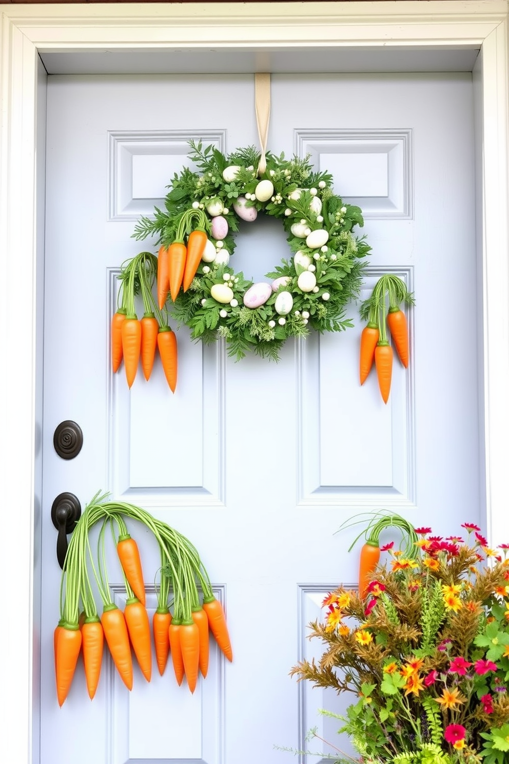 A charming front door adorned with a floral crown wreath featuring an array of pastel-colored blooms. A delicate ribbon bow in soft ivory is elegantly tied at the bottom, adding a touch of sophistication to the Easter decoration.