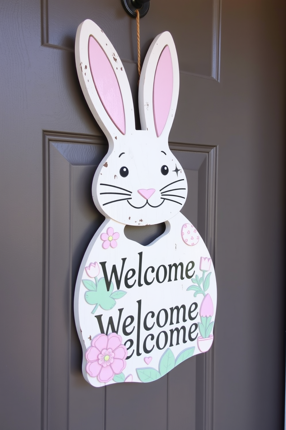 Charming wooden bunny door sign hangs cheerfully on the front door welcoming guests. The sign features playful pastel colors with intricate carvings of flowers and Easter motifs, enhancing the festive spirit of spring.