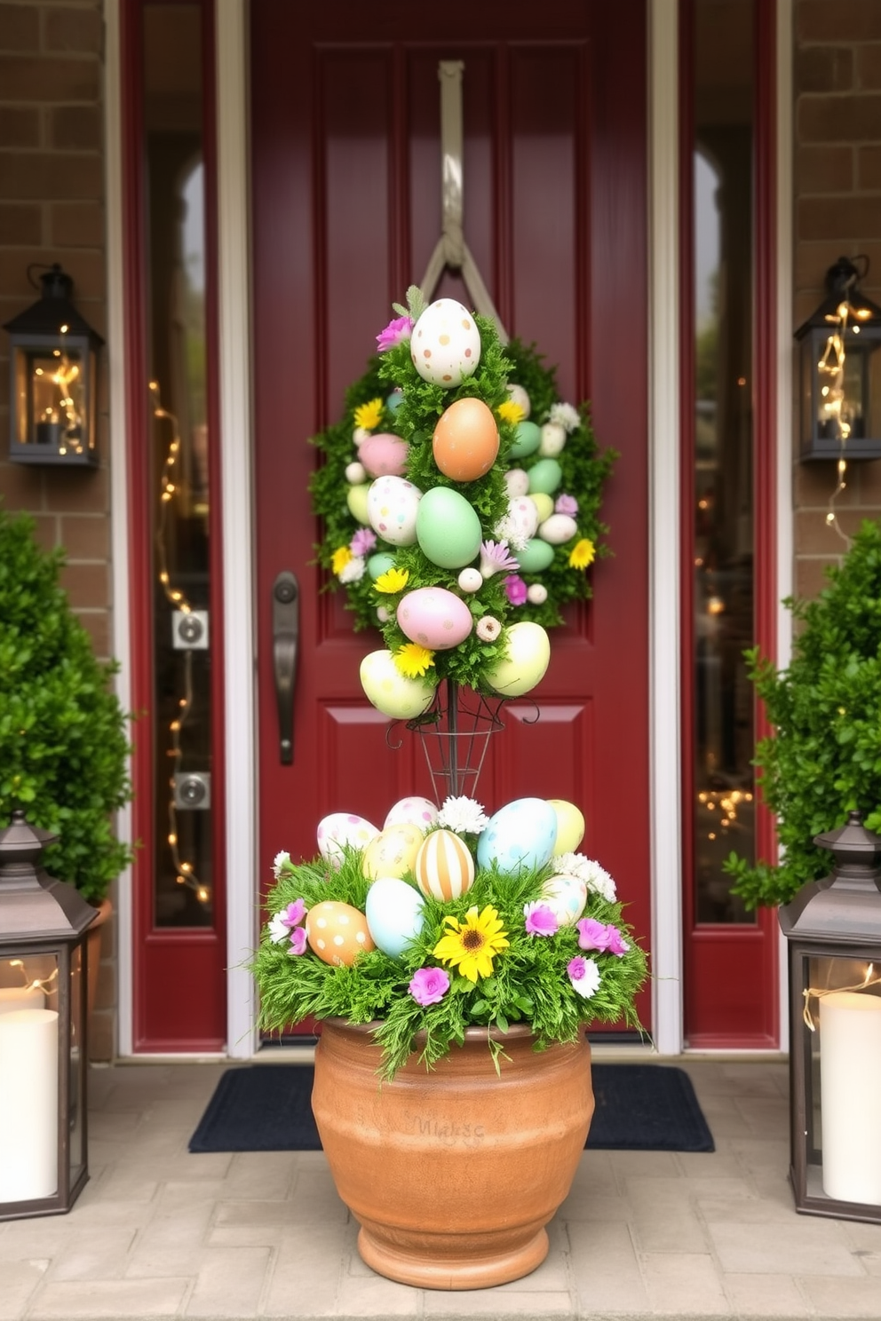 A charming decorative easter egg topiary display is positioned prominently on the front porch. The topiary features a variety of colorful, hand-painted eggs nestled among lush green foliage in a rustic ceramic pot. The front door is adorned with a vibrant wreath made of pastel-colored eggs and spring flowers. Flanking the entrance are two elegant lanterns filled with fairy lights, creating a warm and inviting atmosphere for the Easter celebration.