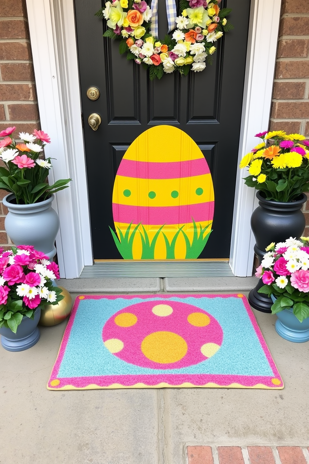 A brightly colored door mat featuring a whimsical egg design welcomes guests at the front door. Surrounding the mat are cheerful spring decorations, including potted flowers and pastel-colored wreaths on the door.