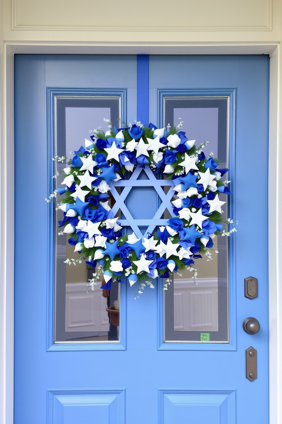 A stunning front door adorned with a blue and white wreath featuring stars. The wreath is beautifully arranged with various shades of blue and crisp white, creating a festive and welcoming atmosphere for Hanukkah celebrations.