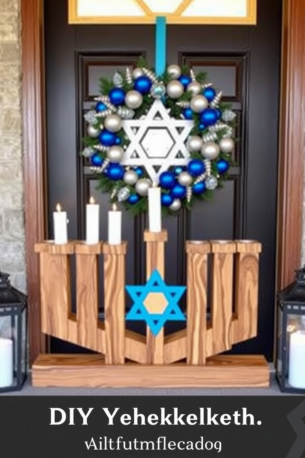 A DIY menorah made from wood features a sleek design with eight candle holders evenly spaced along a sturdy wooden base. The wood is finished with a warm stain that enhances its natural grain, creating a beautiful centerpiece for Hanukkah celebrations. For front door Hanukkah decorating ideas, consider a festive wreath adorned with blue and silver ornaments, along with a large Star of David in the center. Flank the door with decorative lanterns that emit a soft glow, welcoming guests with holiday cheer.