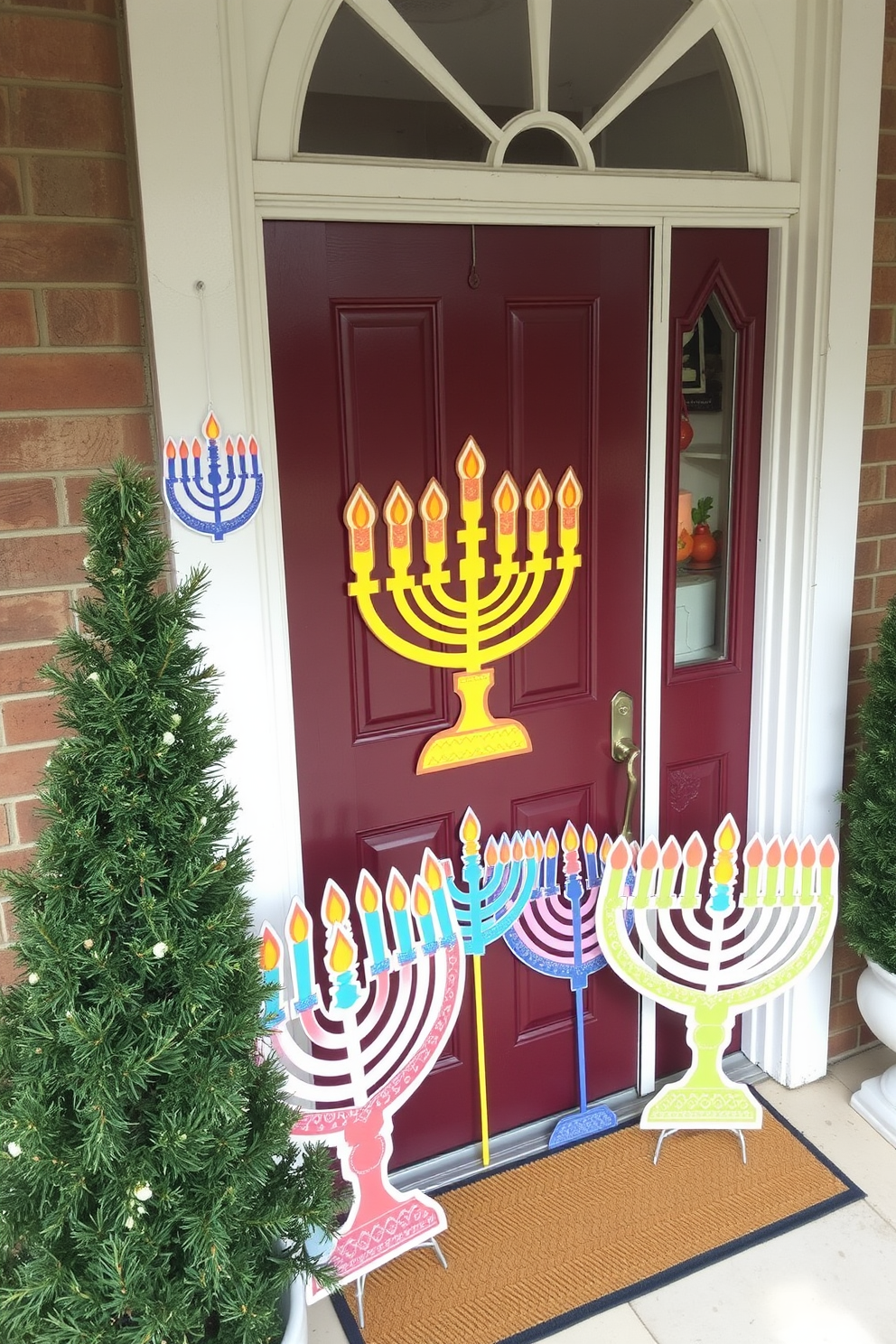 Colorful paper cutouts of menorahs are arranged around the front door, creating a festive and inviting atmosphere for Hanukkah. The cutouts feature vibrant colors and intricate designs, enhancing the holiday spirit and welcoming guests.