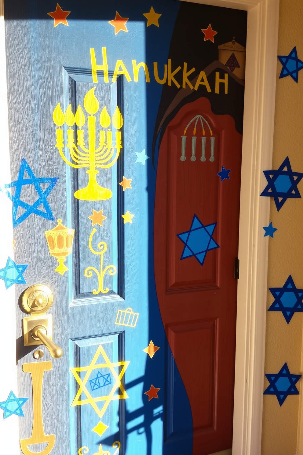 A hand-painted front door adorned with vibrant Hanukkah symbols welcomes guests with warmth and festivity. The door features intricate designs of menorahs, dreidels, and stars of David in rich blue and gold hues, creating a striking focal point for holiday celebrations.