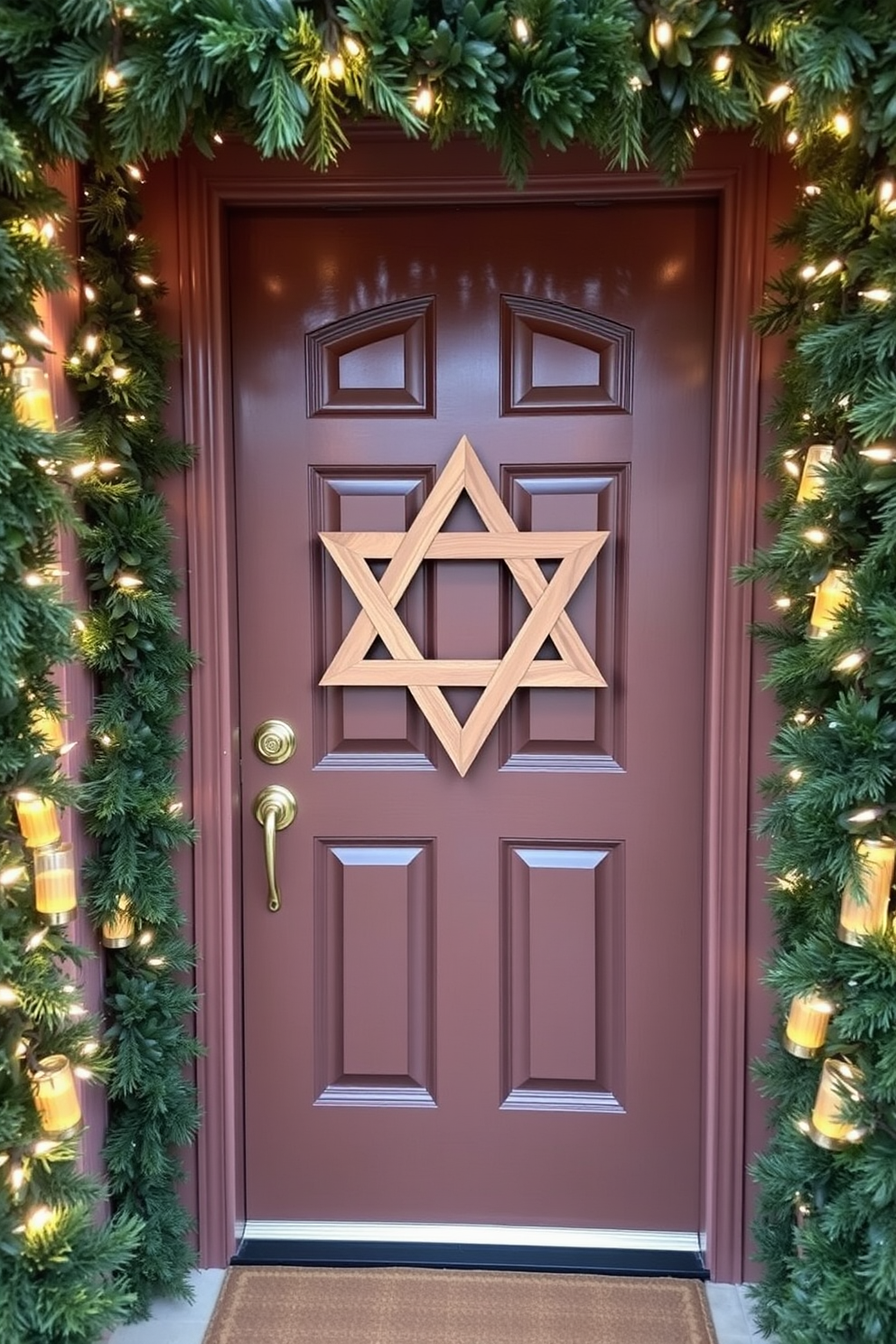 A beautiful front door adorned with a large Star of David decoration made from natural wood. The door is framed by festive greenery and twinkling white lights, creating a warm and inviting entrance for Hanukkah celebrations.