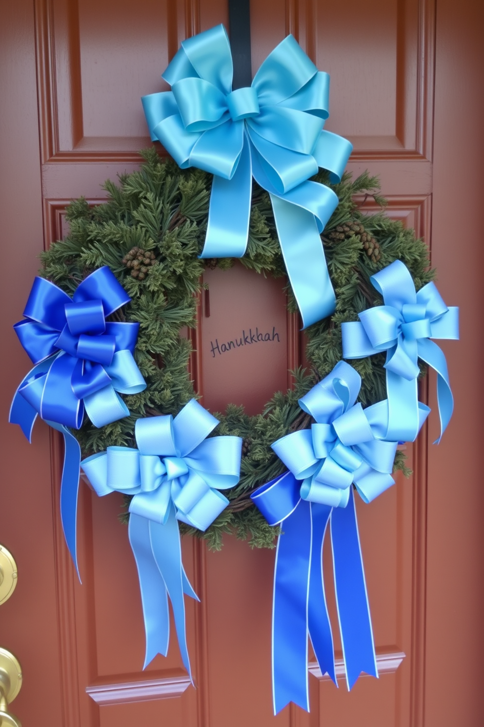 A charming front door adorned with festive ribbon bows in various shades of blue. The bows are elegantly tied and arranged around a traditional wreath, creating a welcoming and celebratory entrance for Hanukkah.