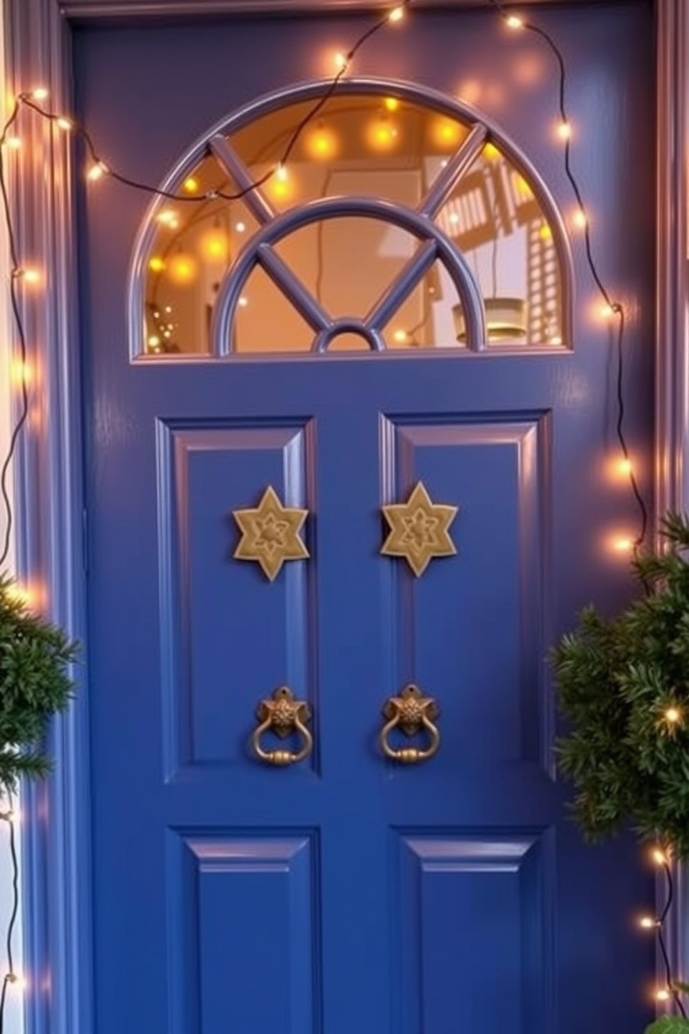 A stunning front door adorned with dreidel-shaped door knockers that add a festive touch. The door is painted a deep blue, complementing the warm glow of string lights that frame the entrance, creating a welcoming atmosphere for Hanukkah celebrations.