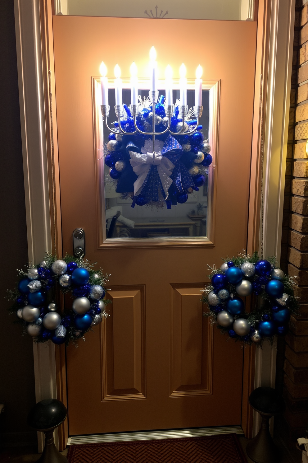 A beautifully decorated front door for Hanukkah features a light-up menorah that casts a warm glow in the evening. The door is adorned with festive wreaths made of blue and silver ornaments, creating a welcoming atmosphere for guests.