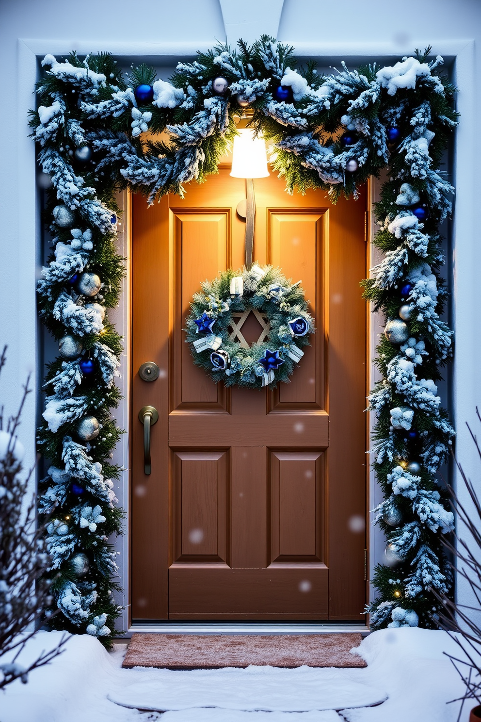 A cozy winter scene featuring a front door adorned with Hanukkah decorations. The door is framed with garlands of blue and silver, and a Star of David wreath hangs prominently in the center. Snow gently falls around the entrance, creating a serene atmosphere. Soft white lights illuminate the door, enhancing the festive spirit of the Hanukkah celebration.