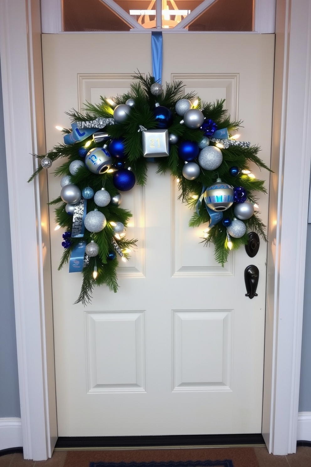 A charming door swag adorned with festive ornaments welcomes guests with warmth and joy. The front door is beautifully decorated with a mix of blue and silver accents, featuring a lush green base that adds a touch of elegance. For Hanukkah, the swag incorporates symbols of the holiday, such as dreidels and menorahs, enhancing the festive spirit. Soft white lights twinkle throughout, creating a magical ambiance that invites everyone to celebrate the season.