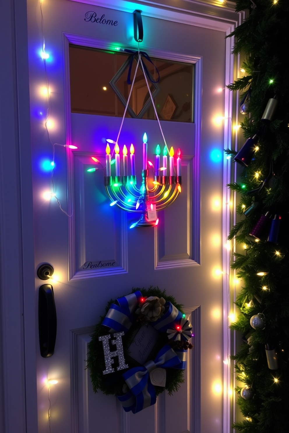 A charming front door adorned with a menorah door hanger illuminated by colorful festive lights. The surrounding area features a welcoming wreath with blue and silver accents, enhancing the Hanukkah spirit.