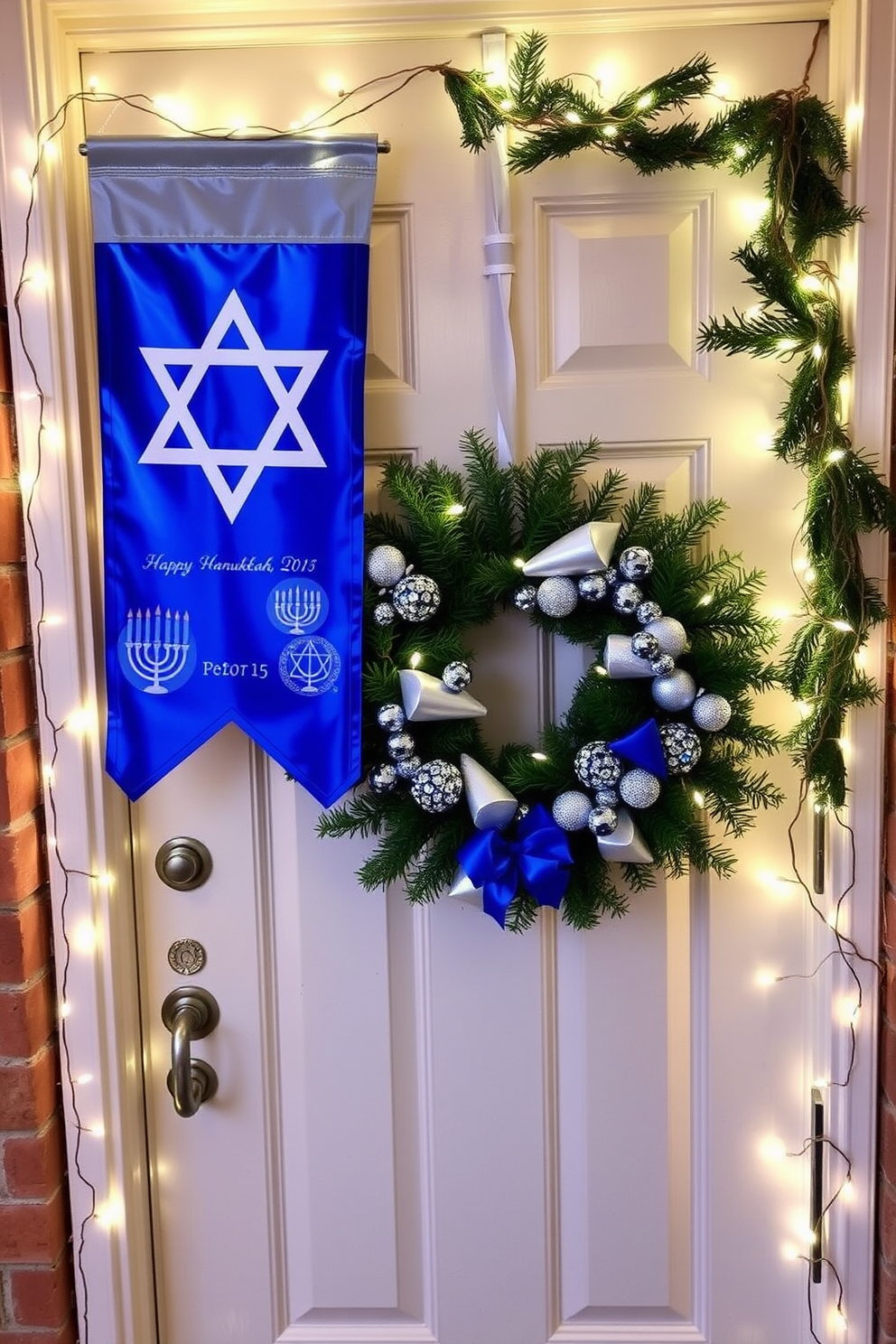 A personalized Hanukkah door banner welcomes guests with festive cheer. The banner features vibrant blue and silver colors, adorned with traditional symbols like the Star of David and menorah. The front door is decorated with a beautiful wreath made of evergreen branches and silver accents. Twinkling lights are wrapped around the doorframe, creating a warm and inviting atmosphere for the holiday season.