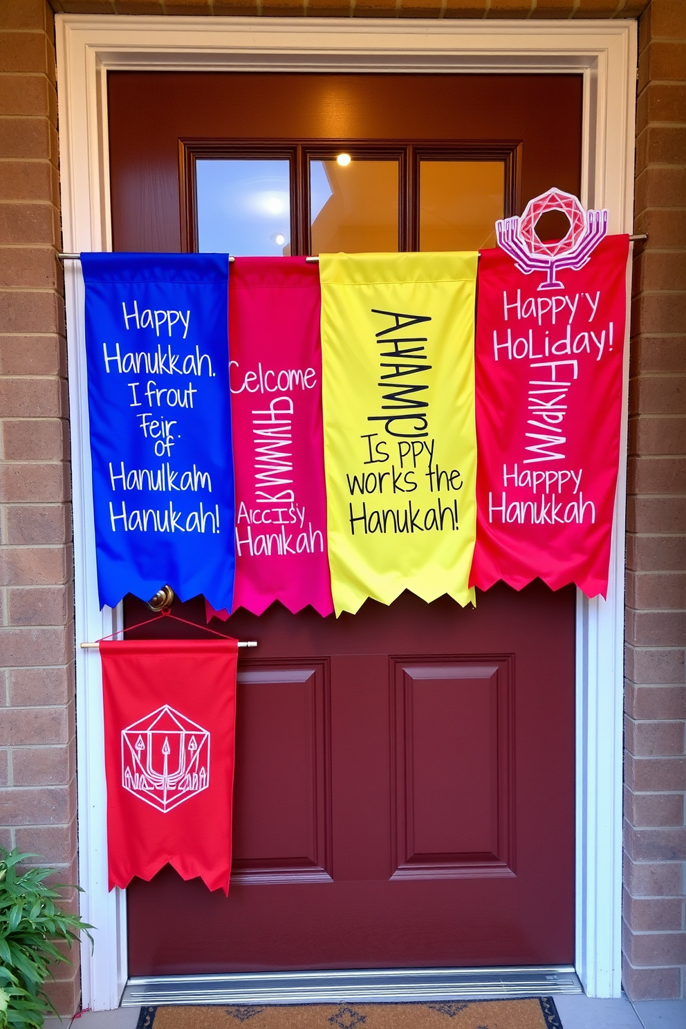 Brightly colored door flags hang cheerfully from the front door, each displaying festive messages that celebrate the spirit of Hanukkah. The vibrant colors create a warm and inviting atmosphere, welcoming guests to join in the holiday festivities.