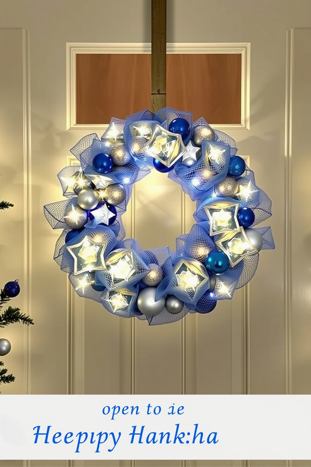 A decorative mesh wreath adorned with warm white lights hangs on the front door, creating a welcoming glow. Surrounding the wreath, festive elements like blue and silver ornaments accentuate the holiday spirit, inviting guests to celebrate Hanukkah.