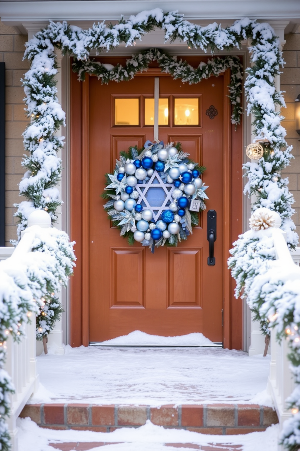 A welcoming front door adorned with faux snow creates a festive atmosphere for Hanukkah. The door is decorated with a beautiful wreath featuring blue and silver ornaments, along with symbols like the Star of David and menorah. Flanking the door, frosted pine garlands are draped along the railings, enhancing the wintery theme. Soft white lights twinkle throughout, adding a warm glow to the Hanukkah decorations and inviting guests to celebrate the season.