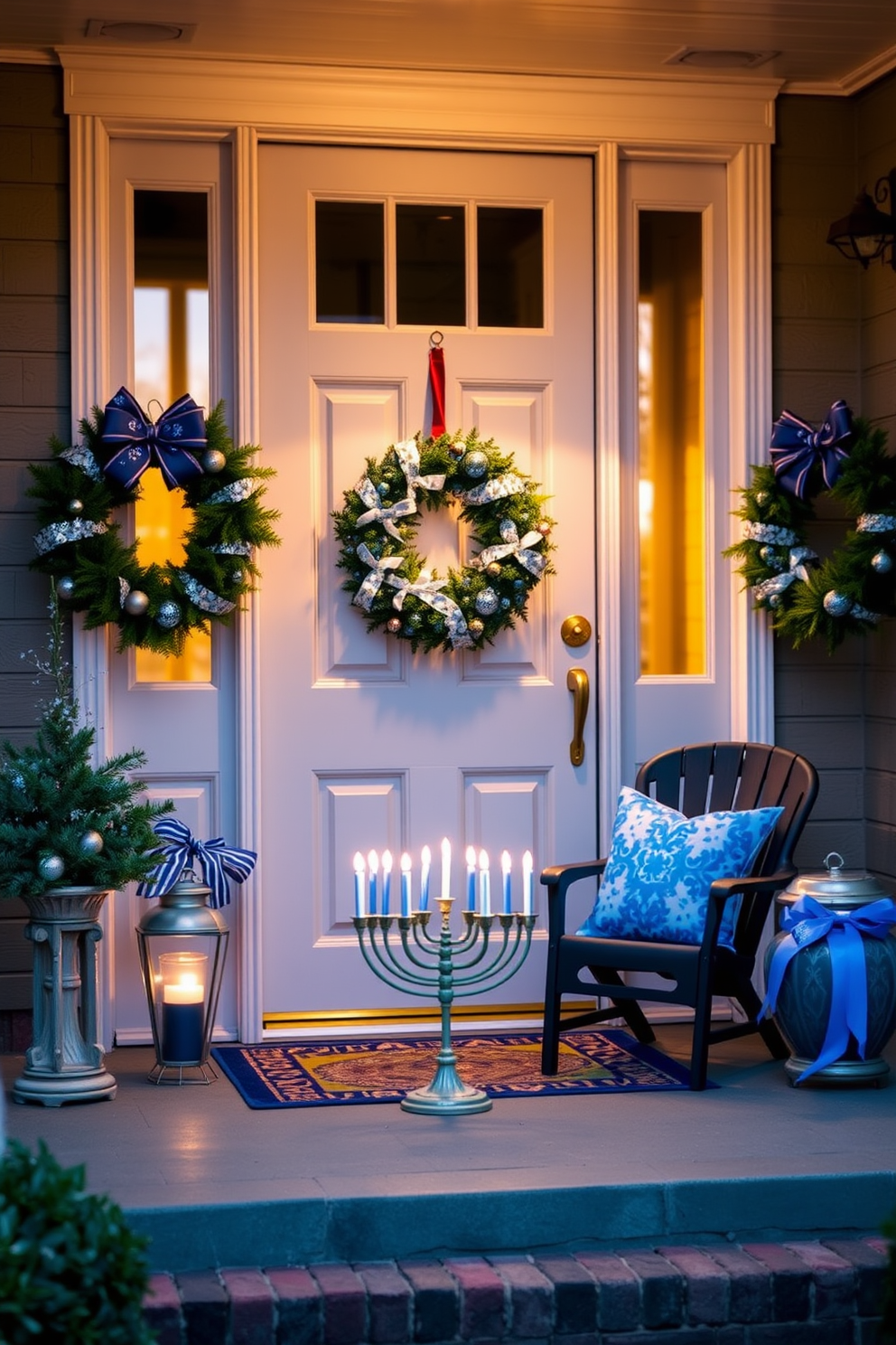 A charming front porch decorated for Hanukkah features a miniature menorah that glows softly in the evening light. The front door is adorned with festive wreaths and blue and silver accents, welcoming guests with a warm holiday spirit.