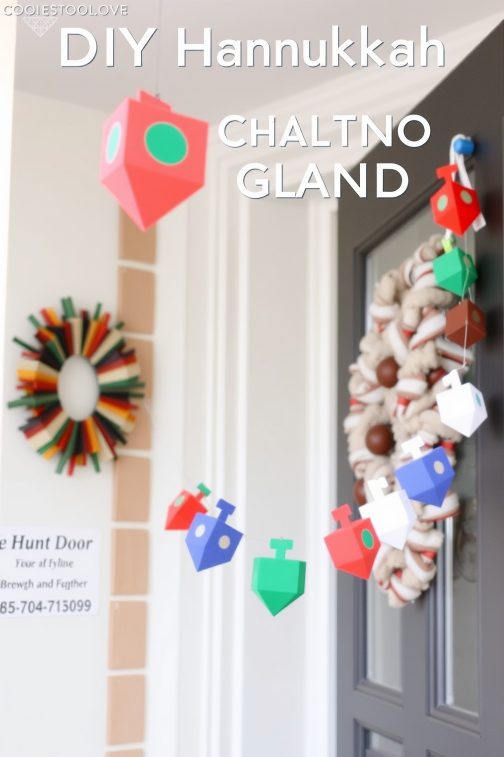 A festive DIY dreidel garland hangs gracefully across the front door, adding a cheerful touch to the Hanukkah celebrations. The colorful dreidels, crafted from vibrant paper, sway gently in the breeze, welcoming guests with a playful spirit.