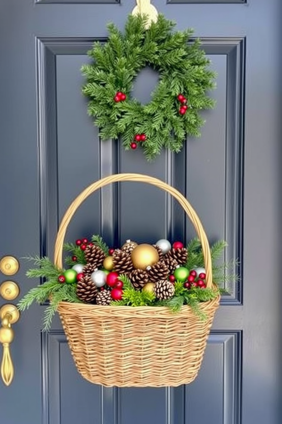 A welcoming front door adorned with a woven basket filled with seasonal decorations. The basket features a mix of pinecones, colorful ornaments, and festive greenery, creating a warm and inviting entrance. The door itself is painted a rich navy blue, complemented by a gold door knocker. A cheerful wreath made of fresh evergreens and berries hangs above the basket, adding a touch of holiday spirit.