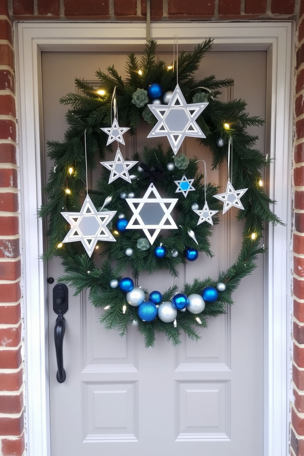 A charming front door adorned with hanging stars that twinkle with soft lights. The entrance is framed by a wreath made of evergreen and adorned with blue and silver ornaments, creating a festive atmosphere for Hanukkah.