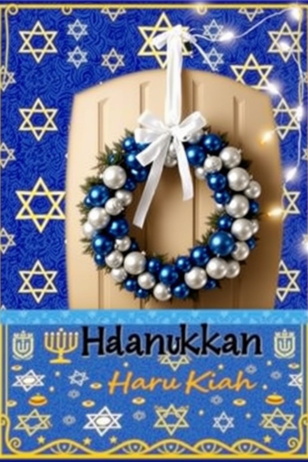 A Hanukkah-themed welcome mat design featuring a vibrant blue background adorned with white and gold Star of David patterns. The mat includes festive elements like menorahs and dreidels, creating a warm and inviting entrance for guests. For front door Hanukkah decorating ideas, consider hanging a beautiful wreath made of blue and silver ornaments, accented with white ribbons. Add string lights around the door frame to enhance the festive atmosphere and create a cheerful welcome.