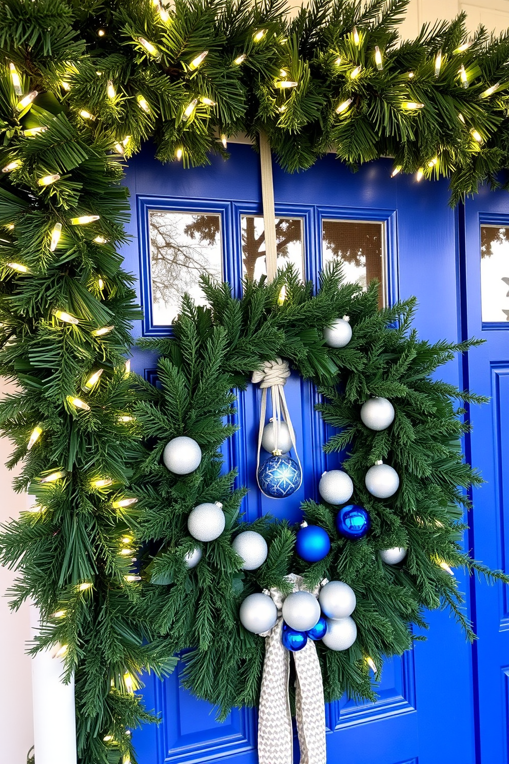 A festive door frame adorned with a lush green garland, twinkling white lights woven throughout. The front door is painted a vibrant blue, welcoming guests with a cheerful wreath featuring silver and blue ornaments for Hanukkah.