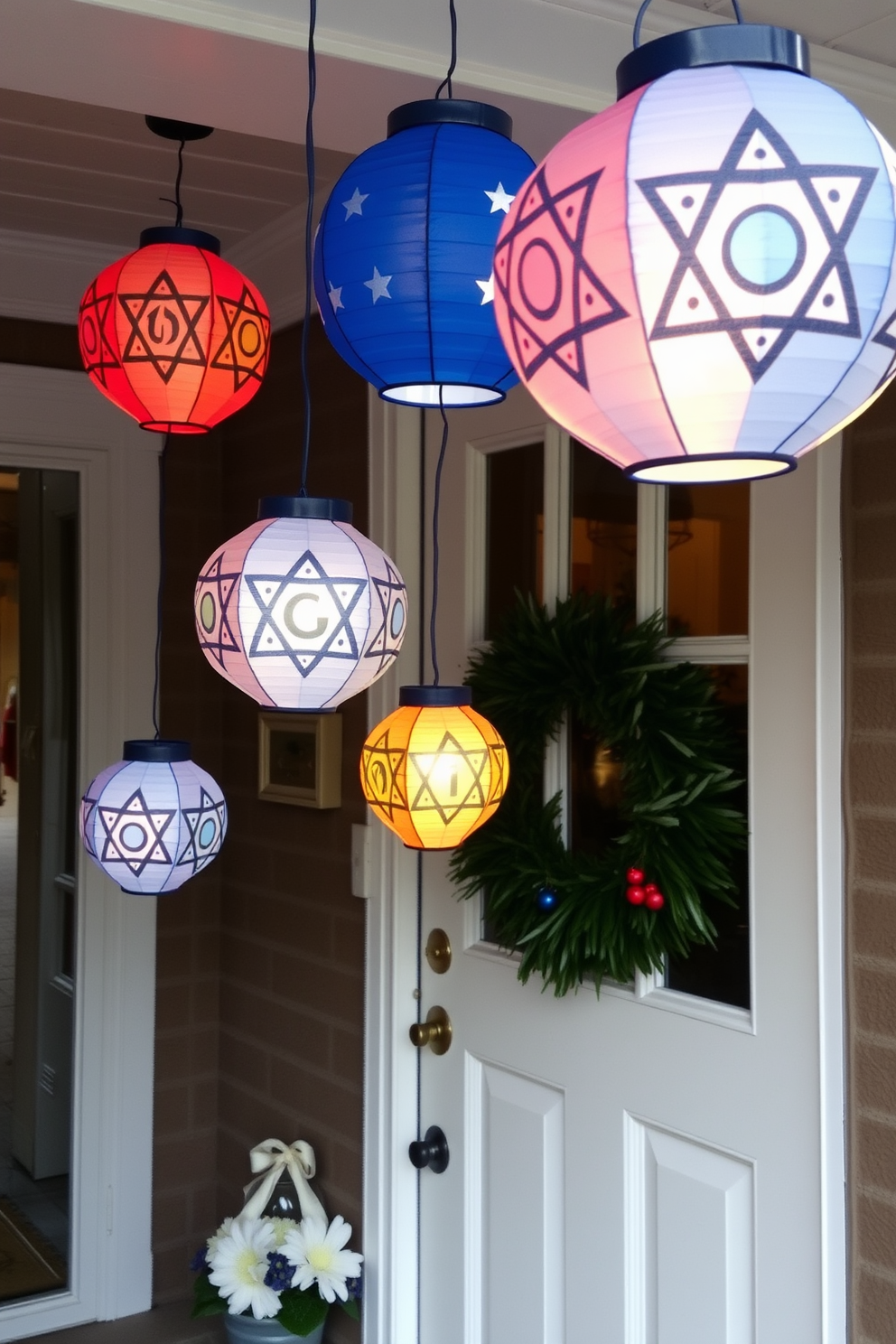 A welcoming front door adorned with colorful paper lanterns featuring intricate dreidel motifs. The lanterns sway gently in the breeze, adding a festive touch to the Hanukkah celebration.