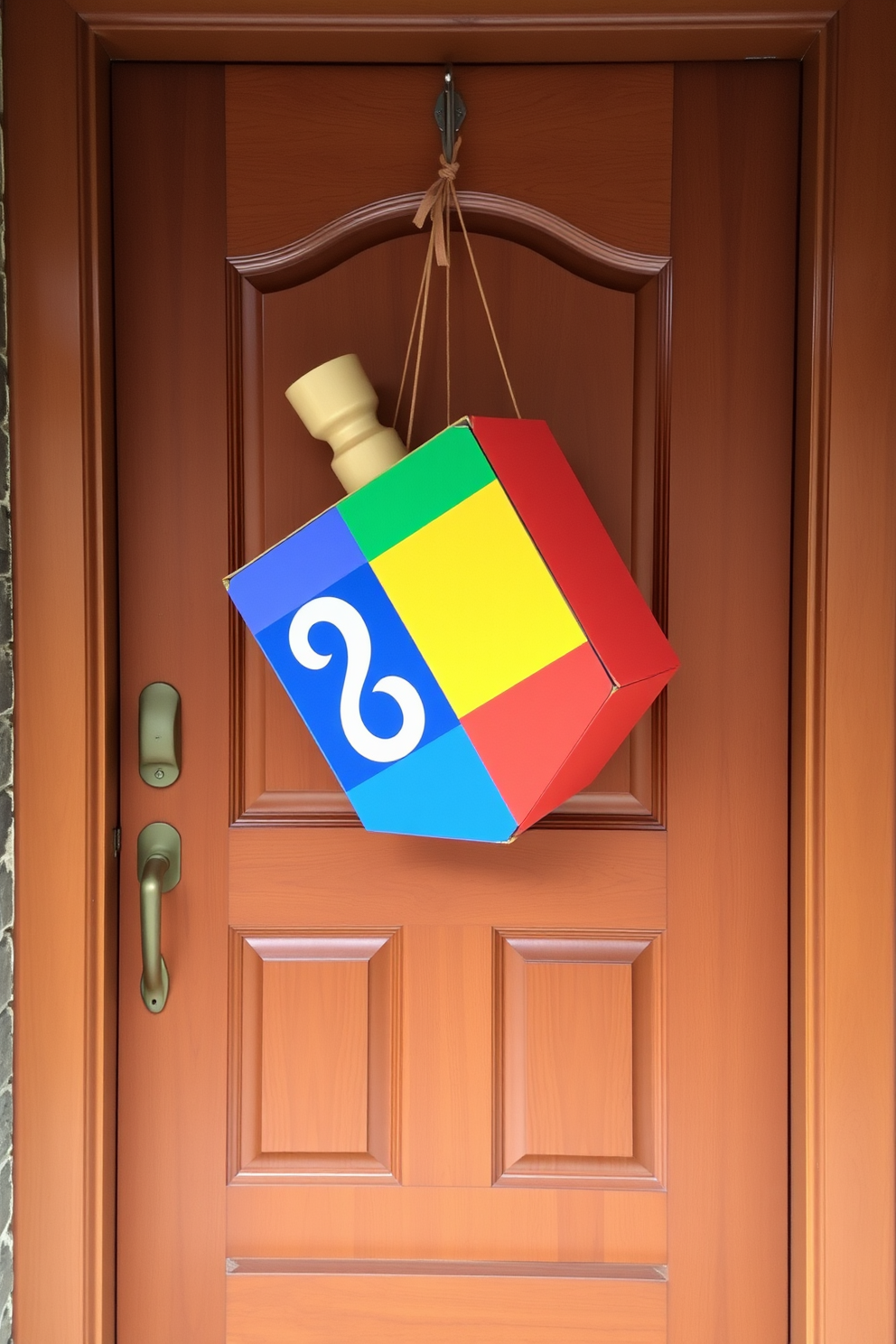 A giant dreidel decoration hangs prominently on the front door, welcoming guests with festive cheer. The vibrant colors of the dreidel contrast beautifully with the rich wood of the door, creating a warm and inviting atmosphere for Hanukkah celebrations.