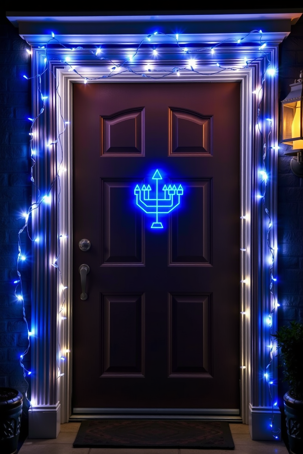 A welcoming front door adorned with blue and white string lights creates a festive atmosphere for Hanukkah celebrations. The lights are elegantly draped around the doorframe, illuminating the entrance with a warm glow.