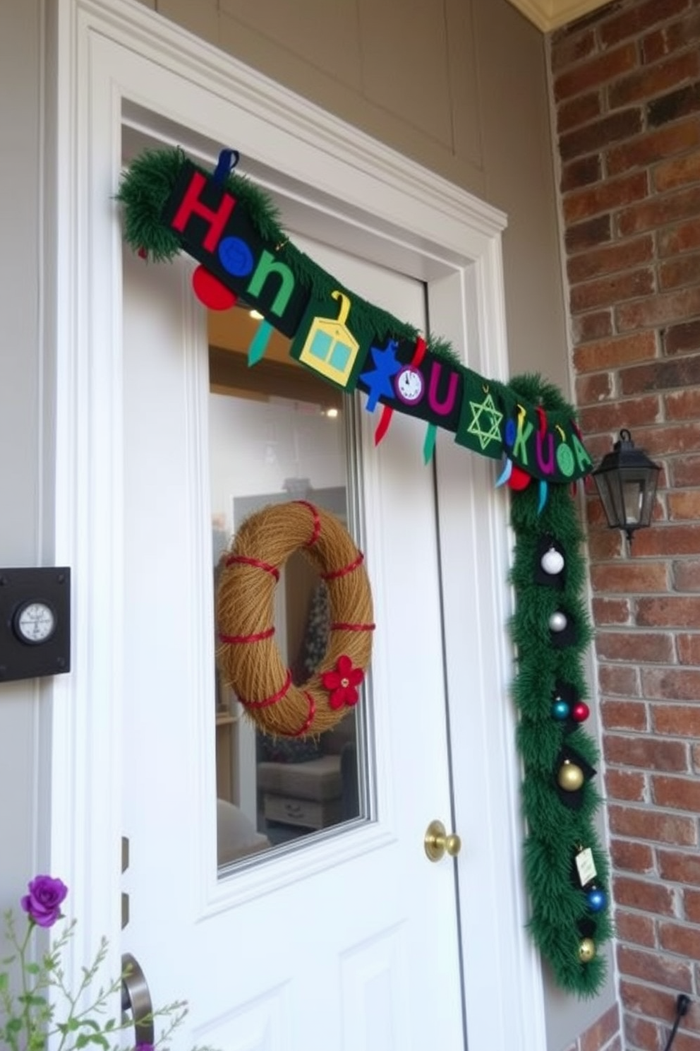 A charming front door adorned with a felt garland featuring vibrant Hanukkah symbols. The garland drapes gracefully across the top of the door, creating a warm and festive welcome for guests.