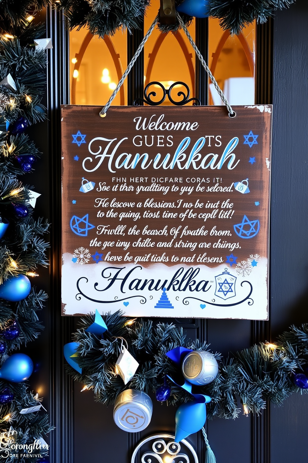 A decorative door sign welcomes guests with blessings in elegant script. The sign is adorned with festive symbols and colors that reflect the spirit of Hanukkah. For the front door, consider hanging garlands of blue and silver, interspersed with twinkling lights. Incorporate traditional elements like menorah motifs and dreidels to enhance the holiday atmosphere.