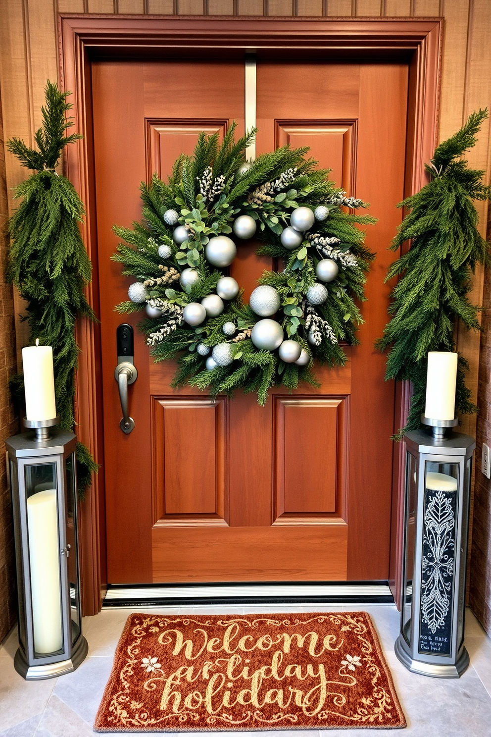 A welcoming front door adorned with winter greenery and silver accents. The wreath is lush with pine branches, eucalyptus, and silver ornaments, creating a festive and elegant display. Flanking the door are tall silver lanterns filled with white candles, casting a warm glow. The entryway is enhanced with a cozy doormat featuring a holiday greeting, inviting guests into a beautifully decorated home.