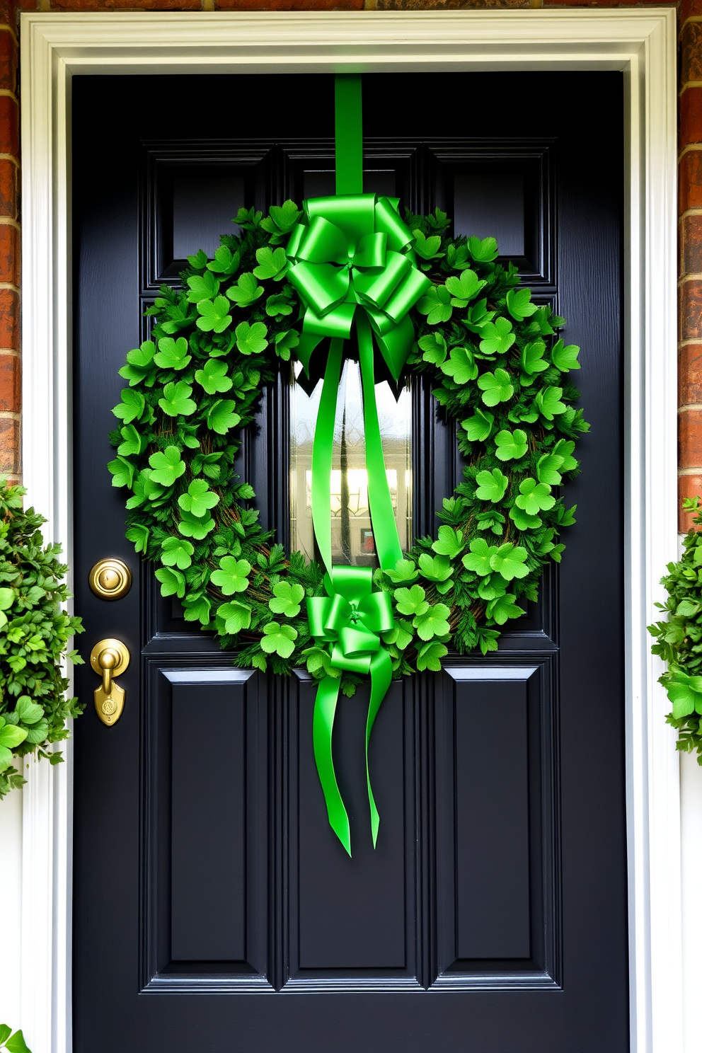 A beautiful front door adorned with a shamrock wreath featuring lush green ribbons. The wreath is vibrant and festive, perfectly complementing the entrance for St. Patrick's Day celebrations.