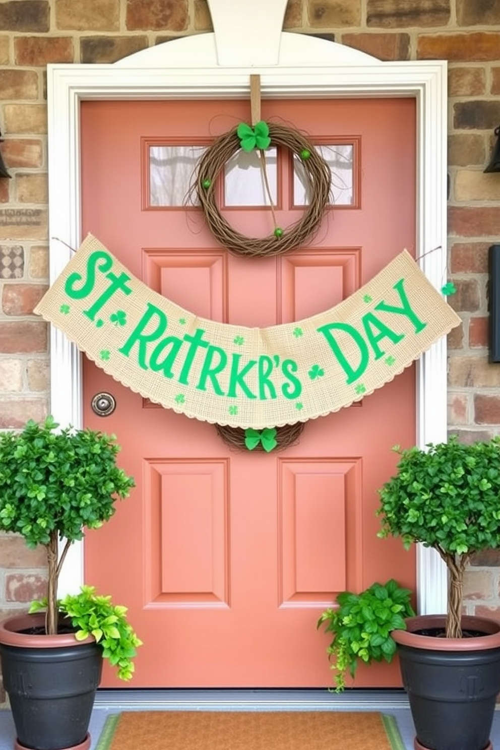 A burlap banner hangs cheerfully across the front door, adorned with festive St. Patrick's Day motifs. The banner features vibrant green lettering and charming shamrocks, welcoming guests with a touch of holiday spirit. Flanking the door, potted plants with lush greenery add a fresh element to the decor. A wreath made of twigs and green accents complements the banner, creating a harmonious St. Patrick's Day entrance.