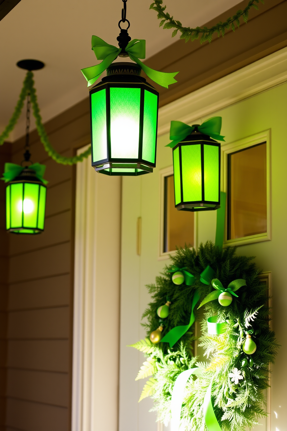 Hanging lanterns adorned with green accents create a warm and inviting atmosphere at the entrance. The soft glow of the lanterns illuminates the front door, enhancing the festive spirit of St. Patrick's Day. Decorative elements like shamrocks and gold accents complement the green lanterns, adding a playful touch to the decor. A wreath made of fresh greenery and ribbons welcomes guests, setting the tone for a cheerful celebration.