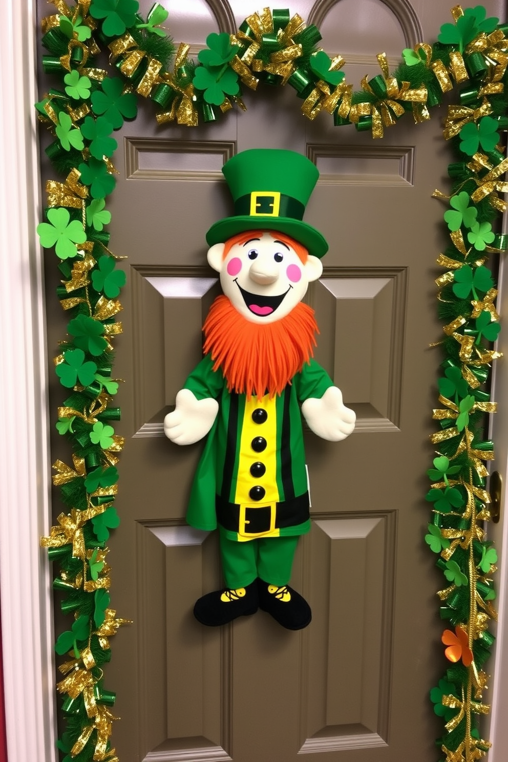 A whimsical leprechaun door puppet is perched on the front door, inviting guests with a cheerful smile and vibrant colors. Surrounding the puppet, festive St. Patrick's Day decorations include shamrocks, glittering gold accents, and playful garlands that create a joyful atmosphere.